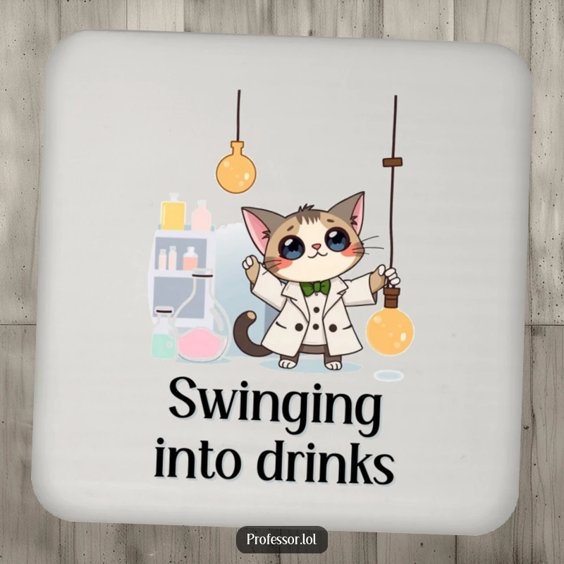 Funny Cat Professor Coaster: A curious cat professor bats at a dangling pendulum in a laboratory, a hilarious and protective coaster.