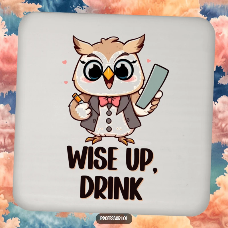 Funny Kawaii owl professor character excitedly explaining with chalk, printed on a protective drink coaster.
