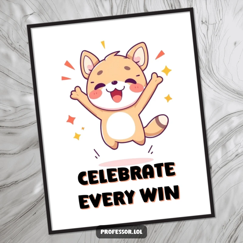 Funny poster capturing a cute animal character in a dynamic, joyous jump, symbolizing a breakthrough, success, and pure celebration.