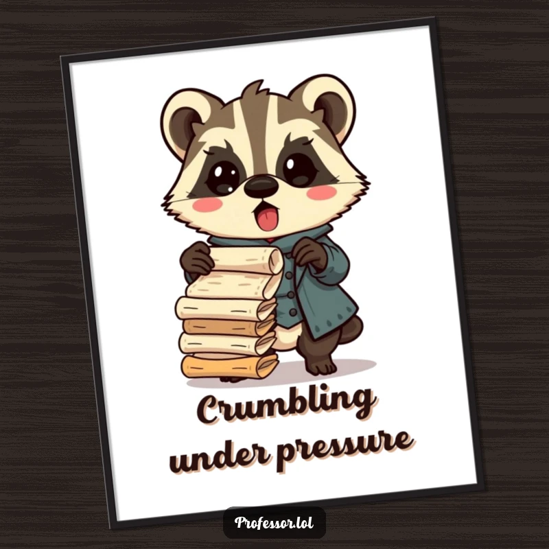 Funny Kawaii badger professor poster, surprised character dropping ancient scrolls, humorous academic wall art, perfect for dorms and offices.