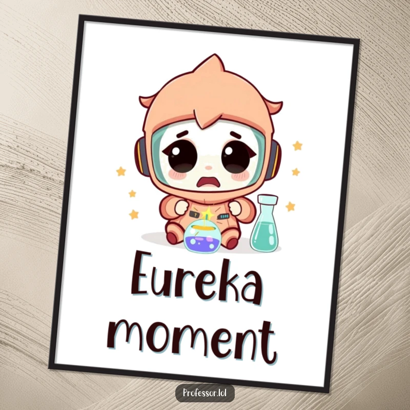 Funny Science Poster: A character’s amazed expression as a tiny spark flies from an experiment, capturing the wonder of scientific creation.