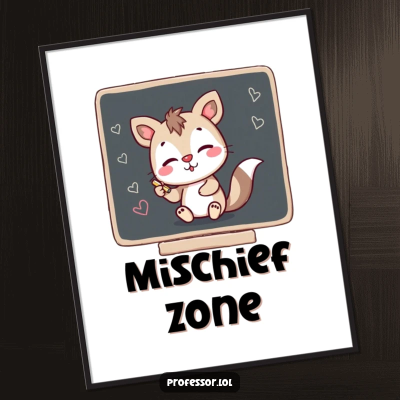 Funny poster art of a mischievous animal character making chalk scribbles on a blackboard, adding a touch of playful chaos.