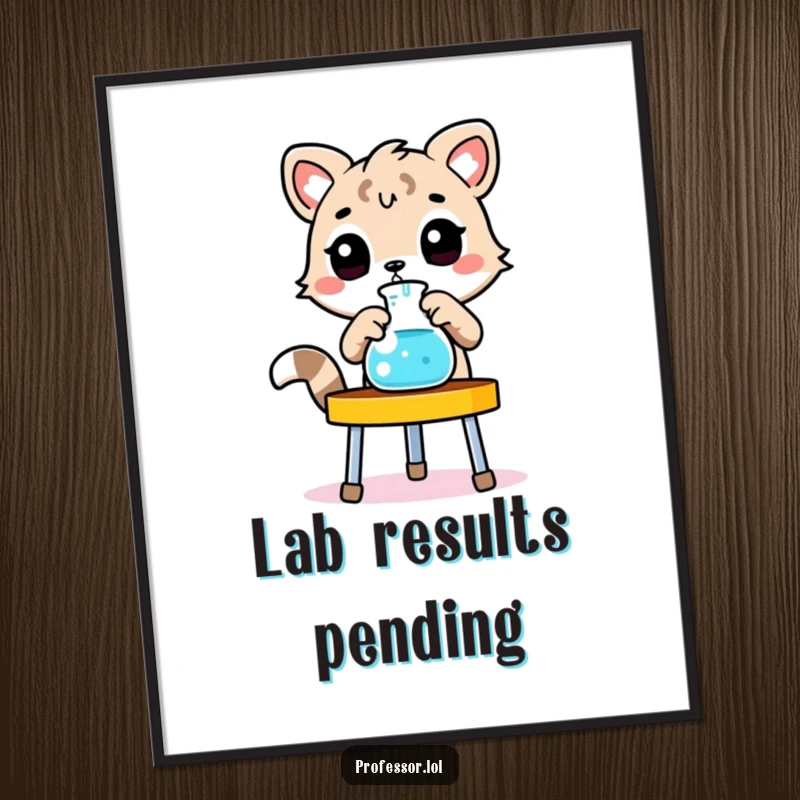 Funny animal poster, animal adjusting beaker, laboratory stand, whimsical wall art, quirky decor.
