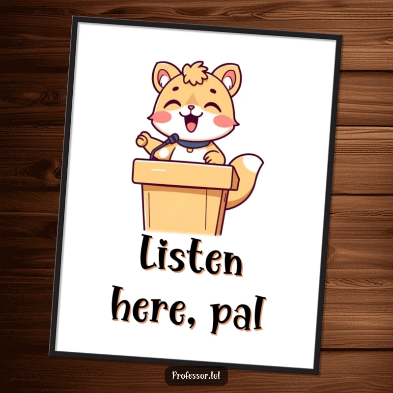 Funny cute animal character passionately lecturing from behind a podium, with a speech bubble, educational and humorous wall art.