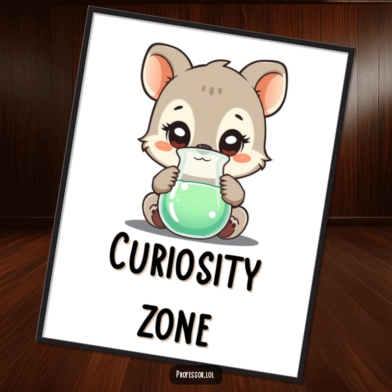 Funny poster art of a curious animal character looking with awe at a bubbling beaker, symbolizing exploration and discovery.