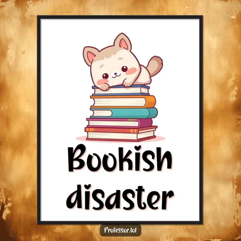 Funny cute animal character comically tripping over a large pile of books, humorous wall art print.