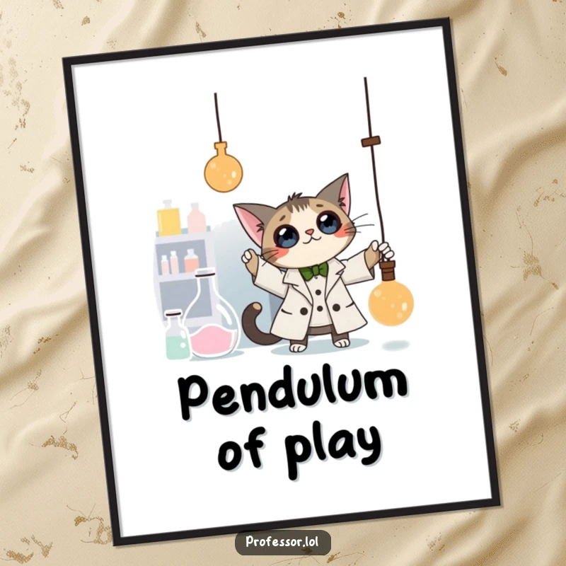 Funny Cat Professor Poster: A curious cat professor bats at a dangling pendulum in a laboratory, a humorous and artistic wall decor.