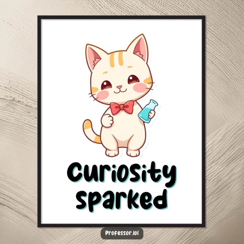 Funny poster art of a playful cat in a bow tie, holding a small beaker, looking like a distinguished and curious scientist.