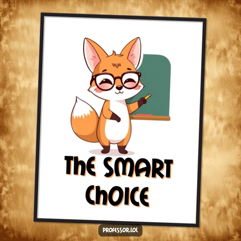 Funny giggling fox wearing spectacles, pointing at a chalkboard, sharing knowledge in this educational art print.