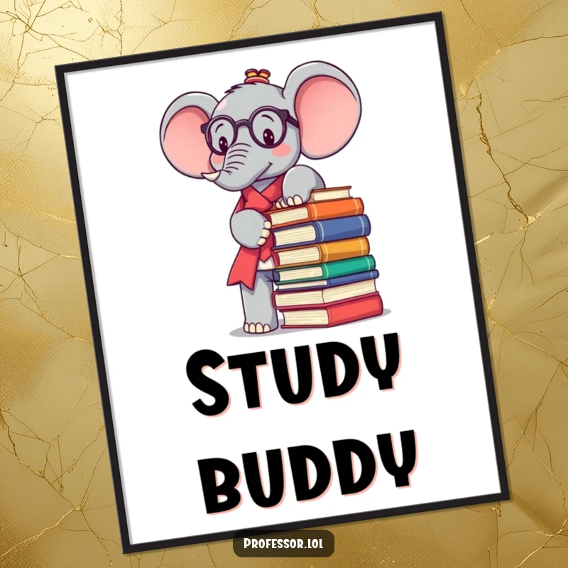 Funny Kawaii elephant professor art print, triumphantly balancing a HUGE stack of books, perfect for wall decor.