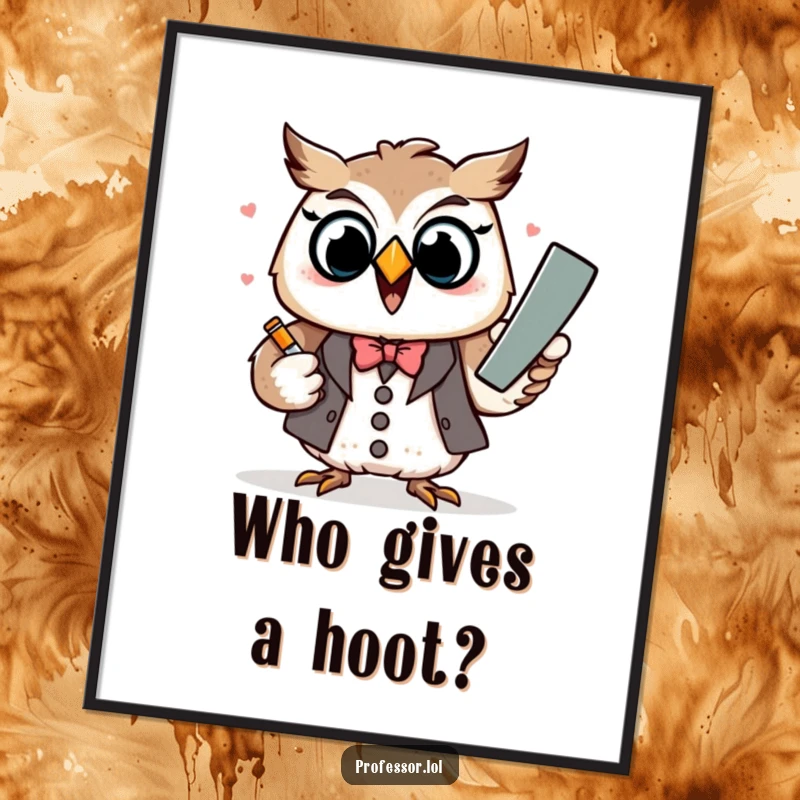 Funny Kawaii owl professor character excitedly explaining a concept with a large chalk, rendered as wall art.