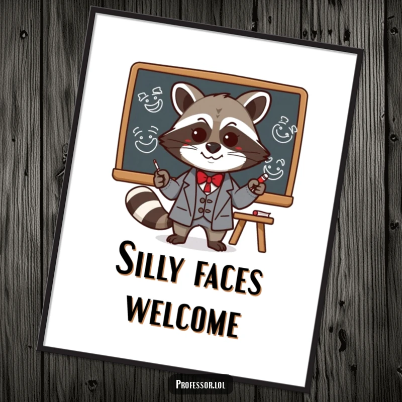 Funny Kawaii raccoon professor drawing silly faces on a blackboard, presented as a humorous art print, perfect for playful decor.