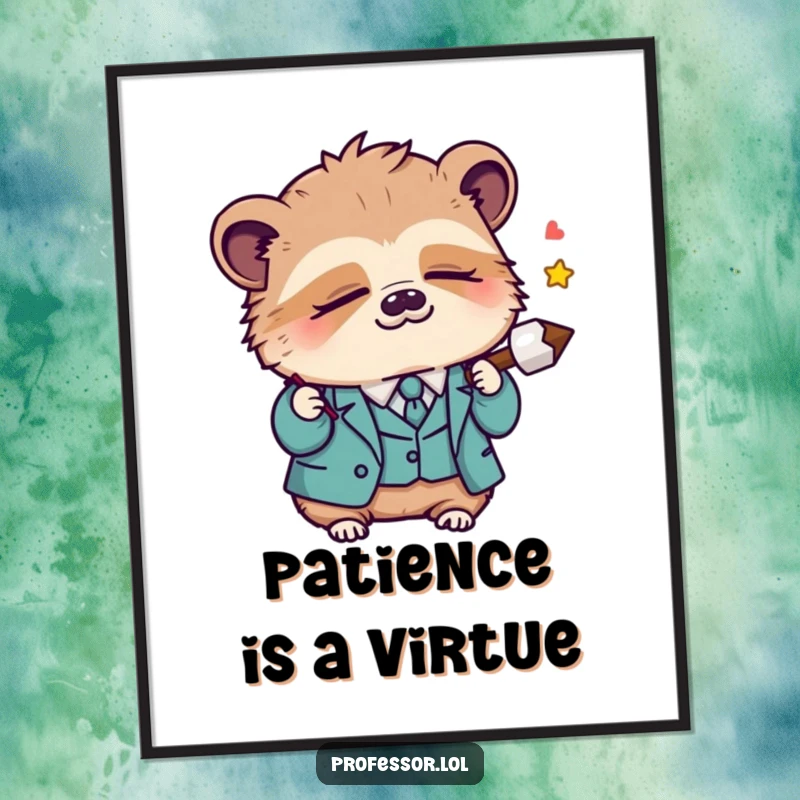 Funny Kawaii sloth professor dozing off while holding a lecture pointer, presented as a humorous art print, perfect for calm decor.