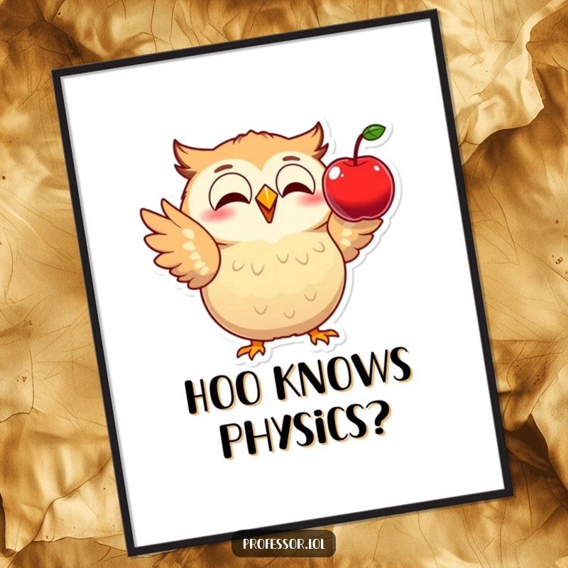Funny poster depicting an excited owl demonstrating physics with a falling apple, a whimsical and educational scene.
