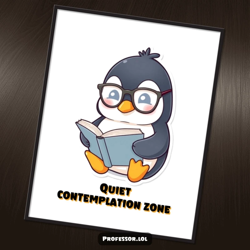Funny Penguin Bookworm Poster: Chubby penguin wearing spectacles reads a thick book, a humorous and charming piece of wall art.
