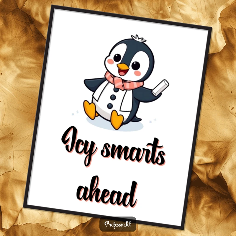 Funny Penguin Professor Poster: A cheerful penguin professor slides across an icy chalkboard with chalk, a hilarious and artistic wall decor.