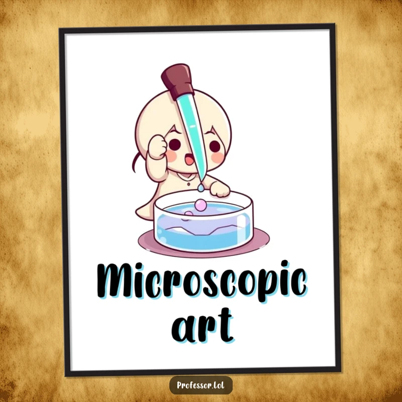 Funny poster showing a character playfully using a pipette to drip liquid onto a petri dish, scientific humor.