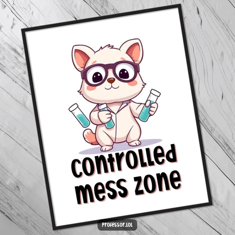 Funny poster of a cute animal character expertly juggling various laboratory test tubes, creating a whimsical and scientific visual display.