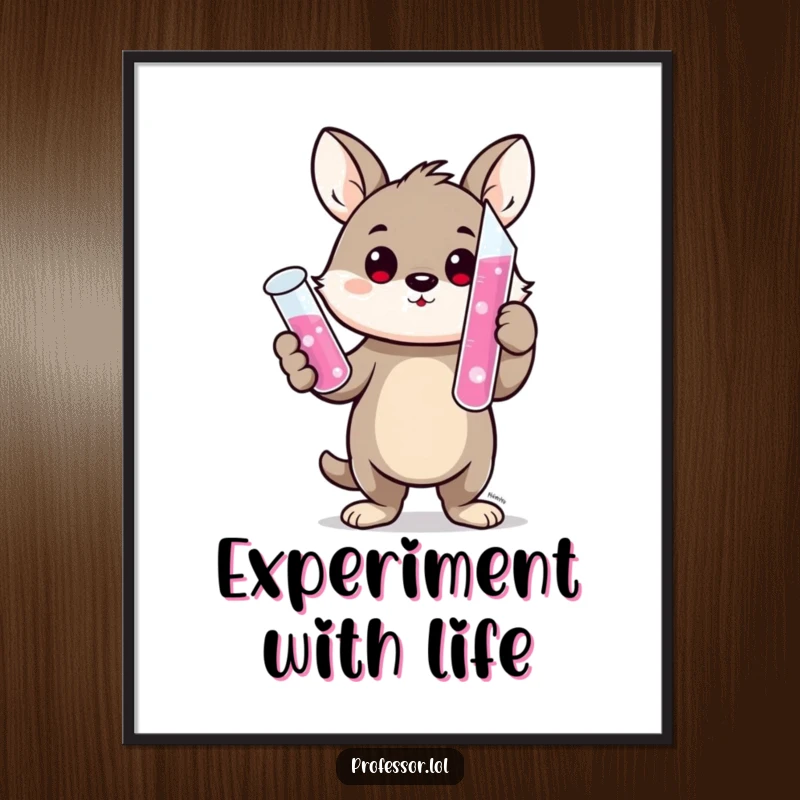 Funny poster print of a cute animal character proudly holding a bubbling test tube filled with pink liquid, a science enthusiast.