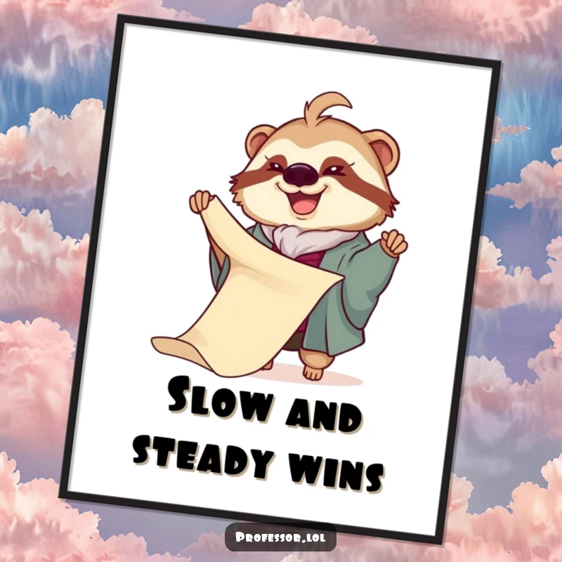 Funny Sloth Professor Poster: A joyful sloth professor slowly unfurls a very long scroll, a humorous and artistic wall decor piece.
