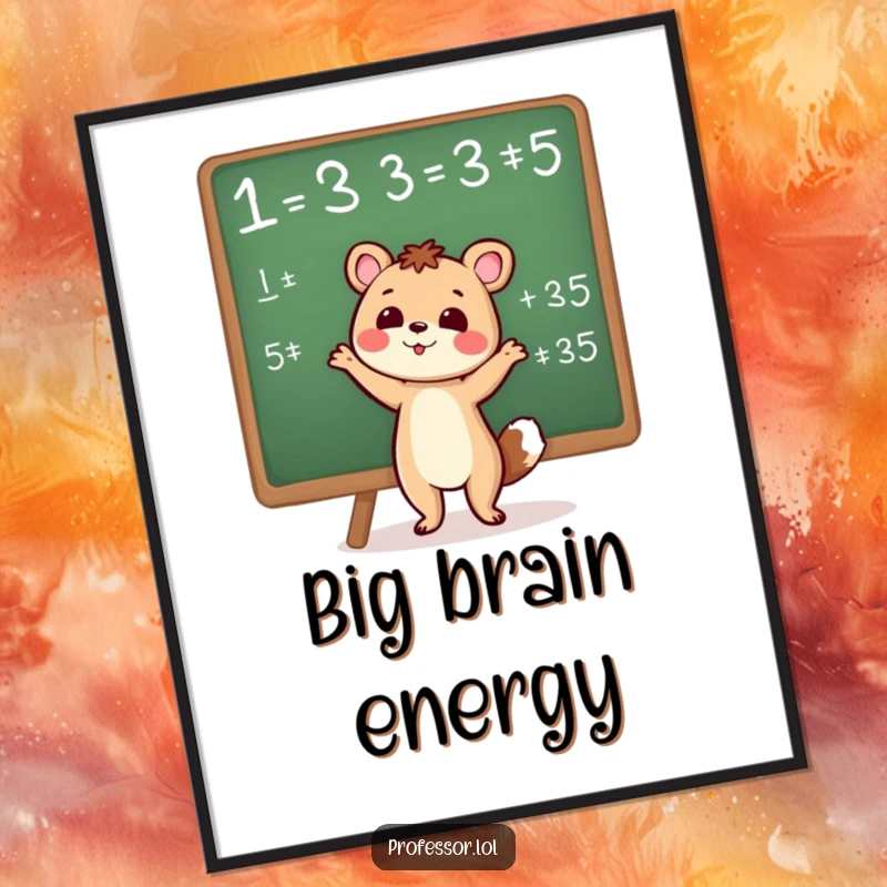 Cute animal character enthusiastically explaining a complex chalkboard equation, depicted as a funny poster.