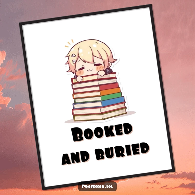 Funny poster capturing a comical character surprised after tripping over a tall stack of heavy books, creating a humorous scene.