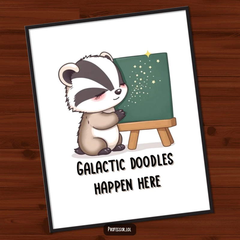 Funny Poster depicting a sleepy badger gently sprinkling shimmering stardust onto a blackboard, creating a serene and magical atmosphere.