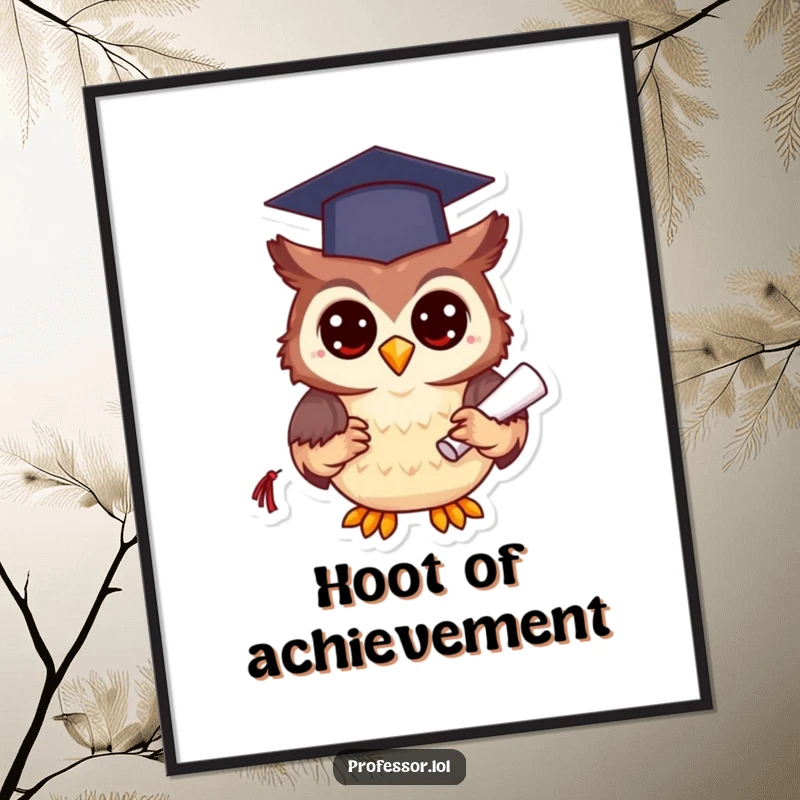 Funny happy owl wearing a graduation cap and holding a diploma, exuding wisdom and joy on this art print.