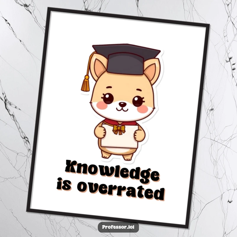 Funny graduation animal poster art of a cute scholar character wearing a cap and holding a diploma, full of academic humor and charm.
