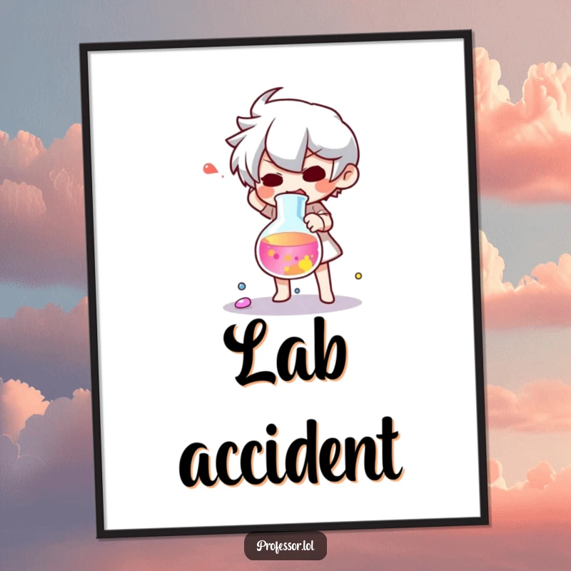 Funny poster showing a character in a state of shock after dropping a beaker of colorful liquid, lab humor.