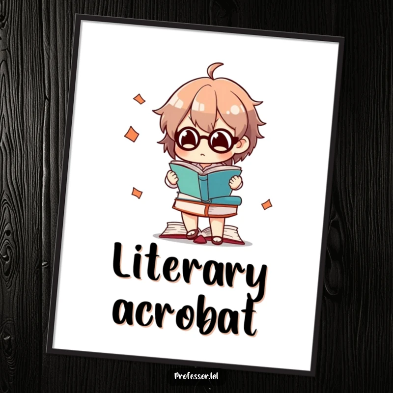 Funny poster showing a character intensely concentrating while juggling multiple books, a celebration of avid reading.