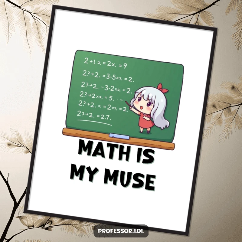 Funny poster of a character enthusiastically pointing at intricate math equations on a blackboard, academic humor.