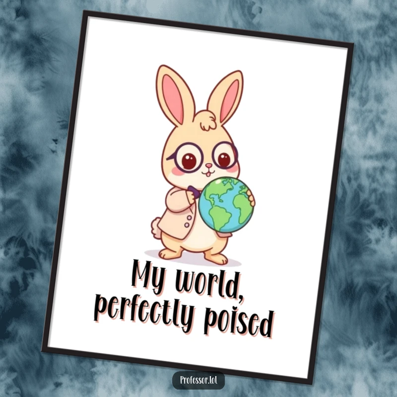 Funny Kawaii rabbit professor poster, playful character balancing a globe on its nose, world-themed humor, perfect for walls.