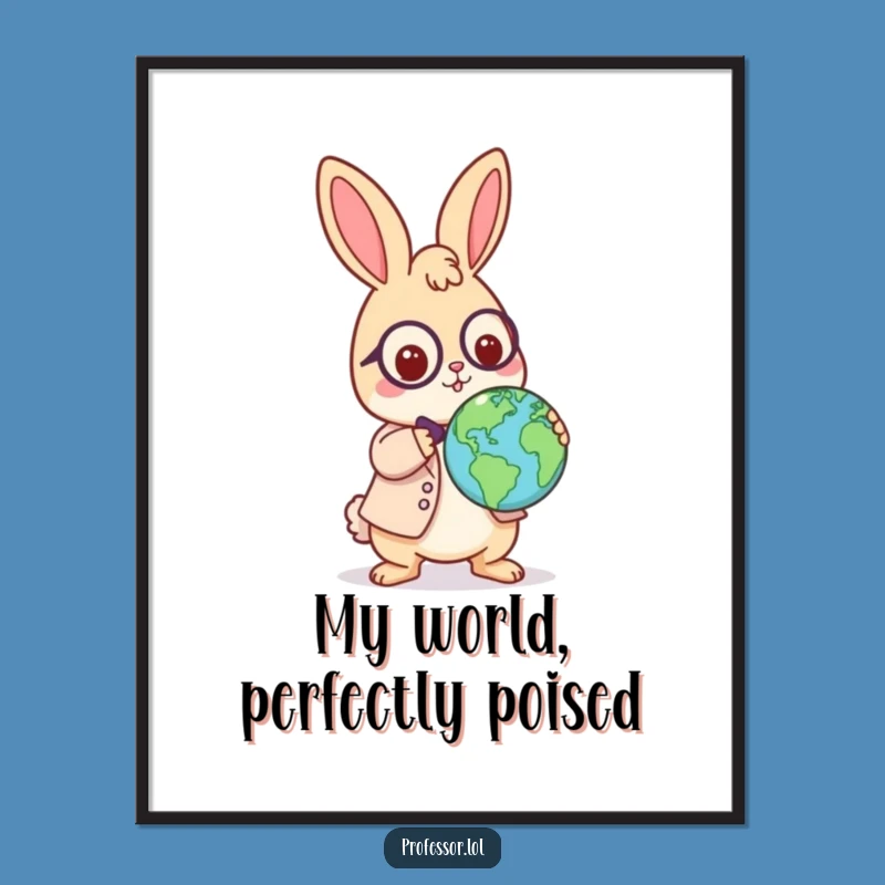 Funny Rabbit Professor Poster: Playful Globe Balance, Wall Art Gift