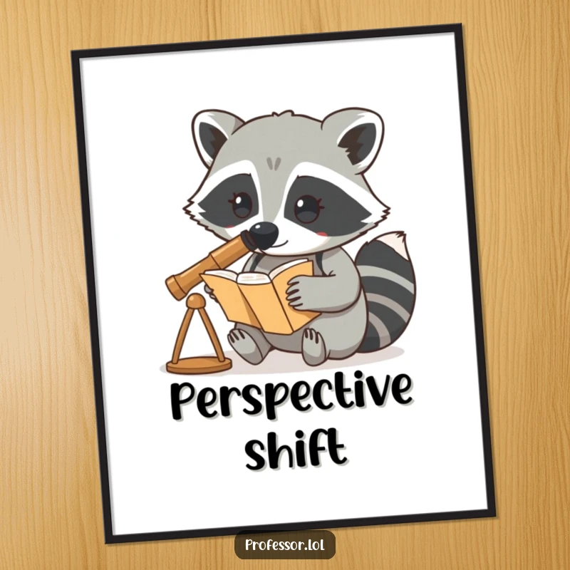 Funny poster art of a curious raccoon character using a telescope to intensely observe a book, promoting discovery.