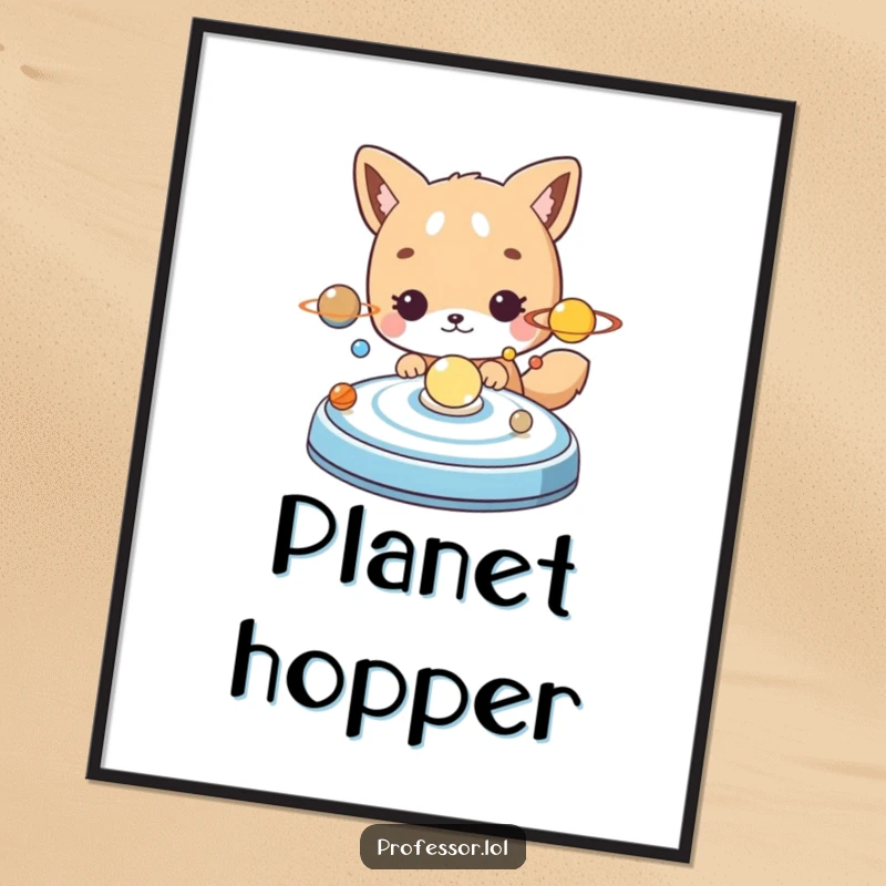 Funny cute animal character curiously examining a detailed model of the solar system, wall art print.