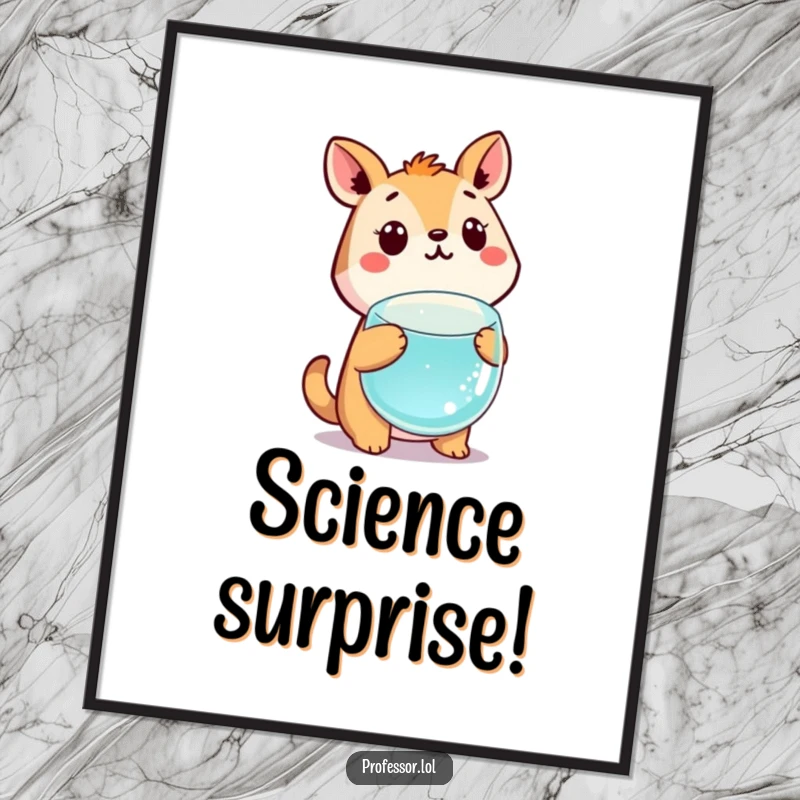 Funny cute animal character with a comically shocked expression at a floating science beaker, framed art.