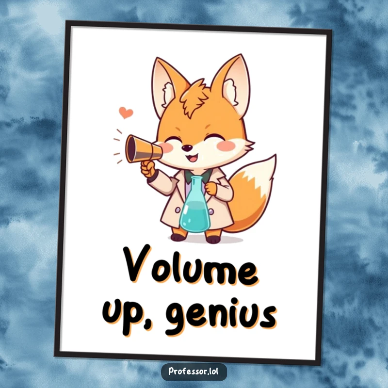 Funny Kawaii fox professor poster, giggling character using a beaker as a megaphone, science and educational humor, perfect for walls.