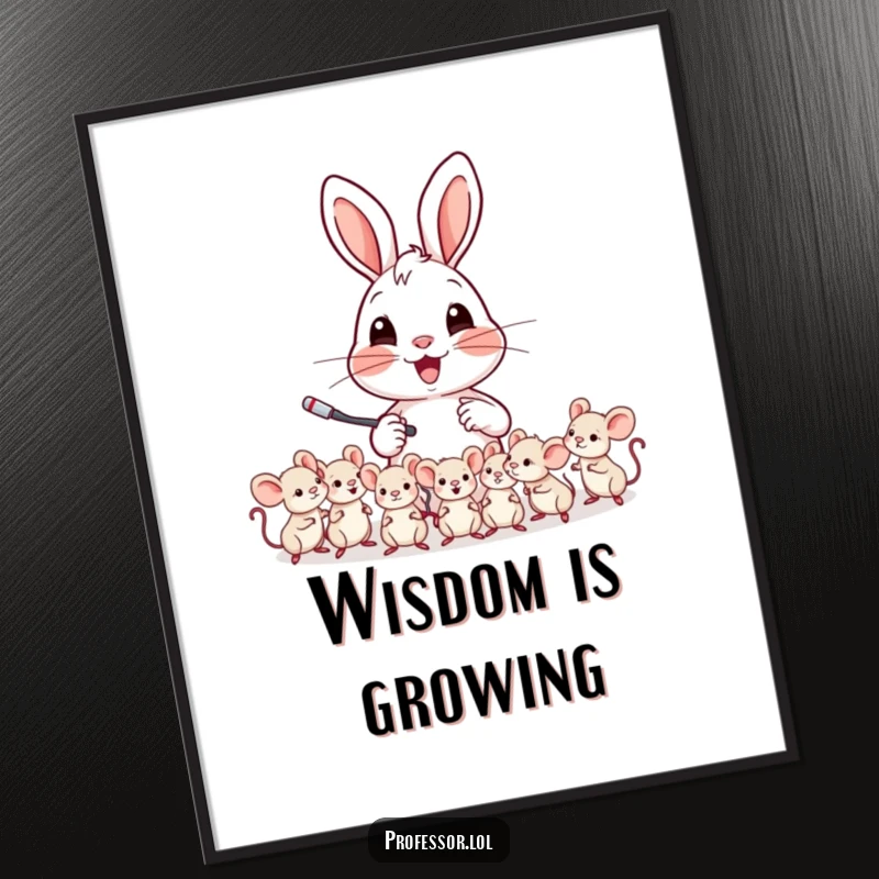 Funny poster art of a cheerful rabbit character teaching a class of tiny mice, promoting a fun learning environment.