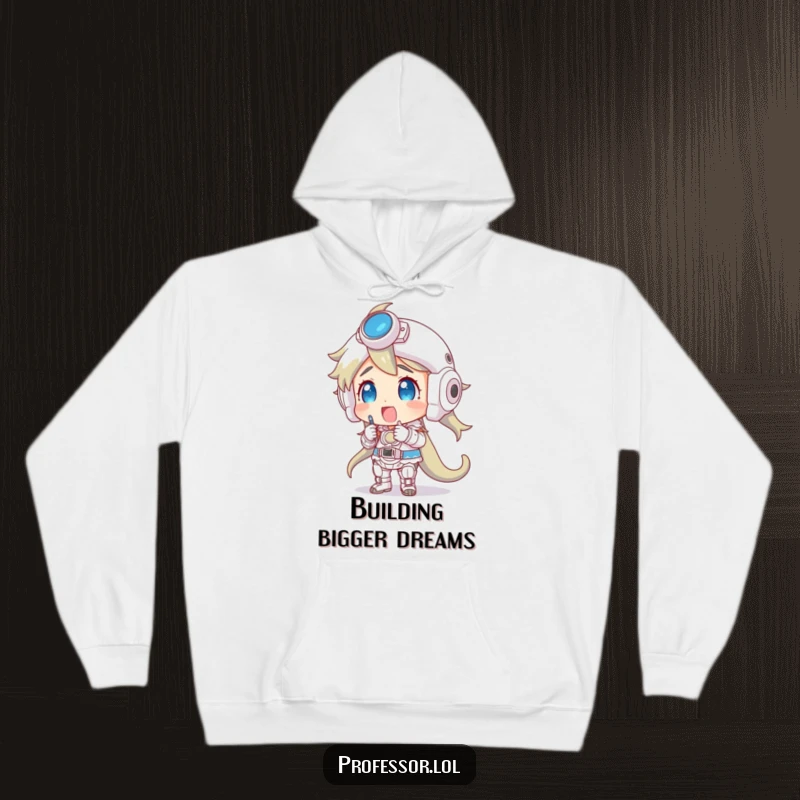 Funny hoodie showing a person absorbed in a huge, complex model, perfect for cozy creative sessions.