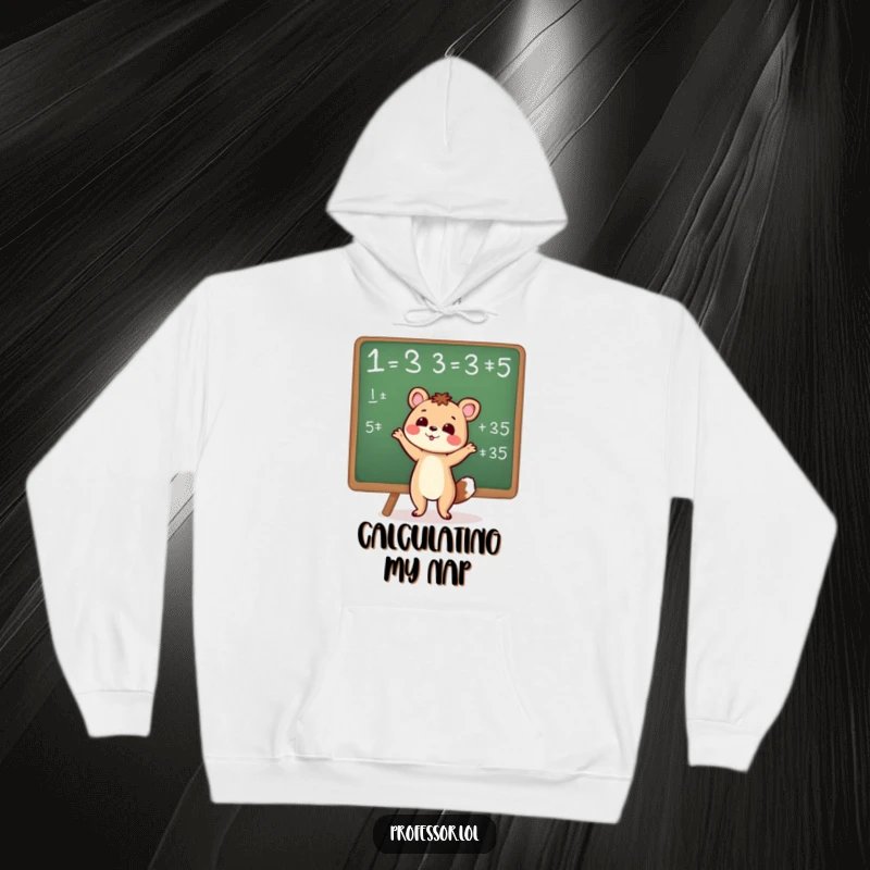 Cozy hoodie featuring a cute animal enthusiastically gesturing towards a complex chalkboard equation, designed for intellectuals.