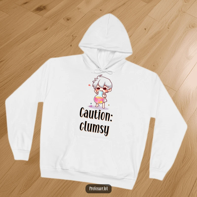 Funny hoodie depicting a character startled by a dramatically dropped beaker filled with colorful liquid, lab humor.