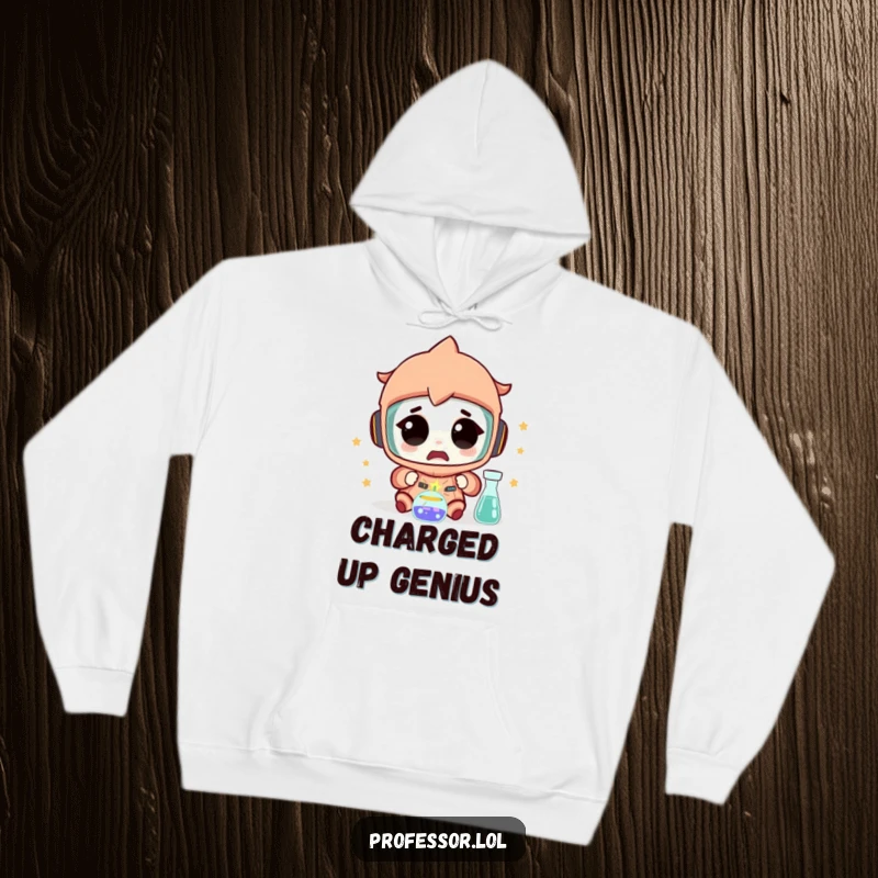 Funny Science Hoodie: A character looks amazed at a tiny spark from an experiment, offering cozy comfort and sparking conversation.