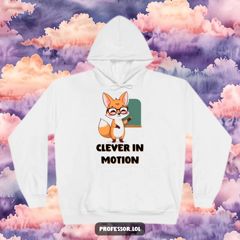 Funny giggling fox wearing spectacles and pointing at a chalkboard, a symbol of learning on this cozy hoodie.