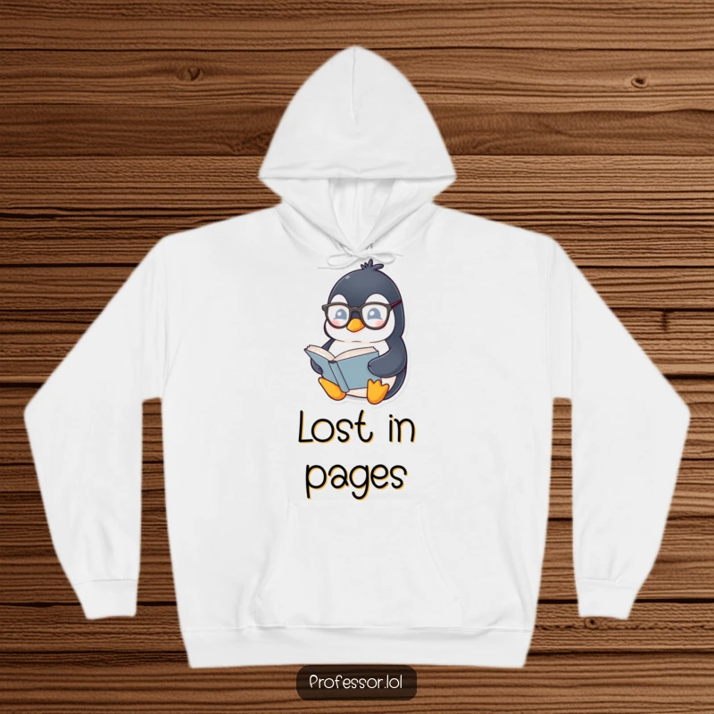 Funny Penguin Bookworm Hoodie: Chubby penguin with spectacles reads a thick book, perfect for cozy reading and literary humor.