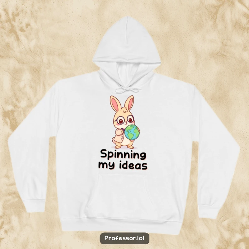 Funny Kawaii rabbit professor hoodie, playful scholar balancing a globe on its nose, warm and humorous apparel, great gift for educators.