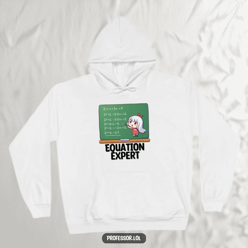 Funny hoodie with a character energetically pointing to mathematical equations on a chalkboard, celebrating intelligence.