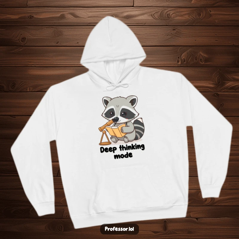 Funny hoodie design of a curious raccoon character using a telescope to study a book, embodying exploration.