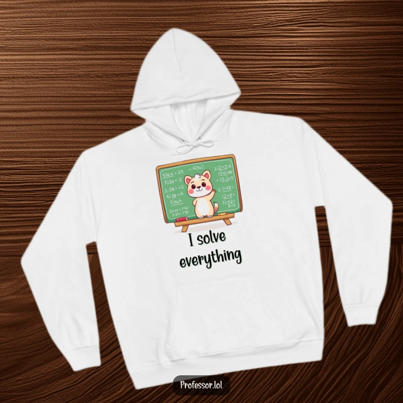 Funny hoodie with an animal character happily scribbling equations on a chalkboard, combining warmth with intellectual humor.