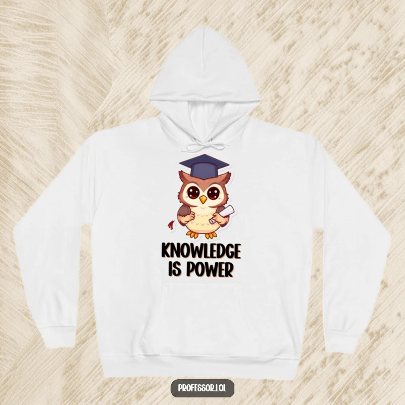 Funny happy owl wearing a graduation cap and diploma, looking wise and joyful on this cozy hoodie.